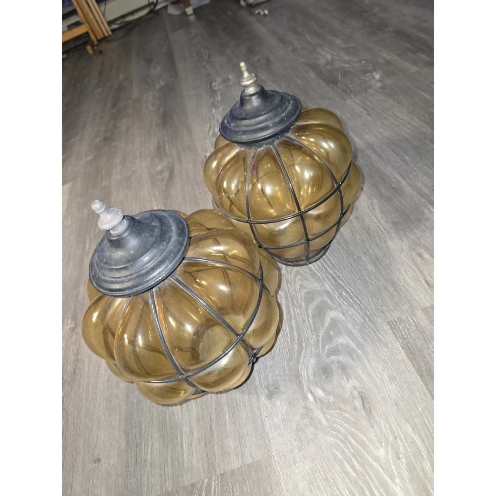 Set Of 2 Vintage Caged Glass Amber Blown Lamp Globe Shade Estate Find